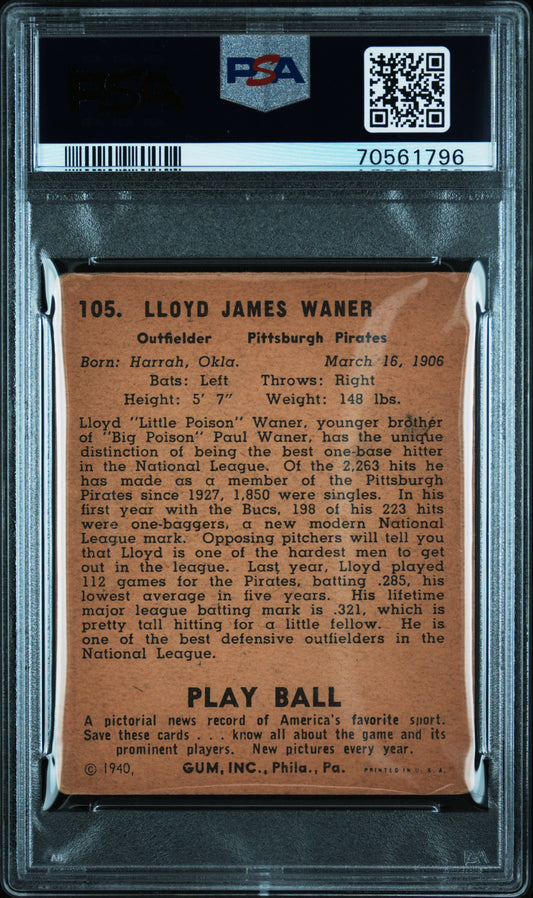 1940 PLAY BALL LLOYD WANER #105 PSA 3 - Image 2