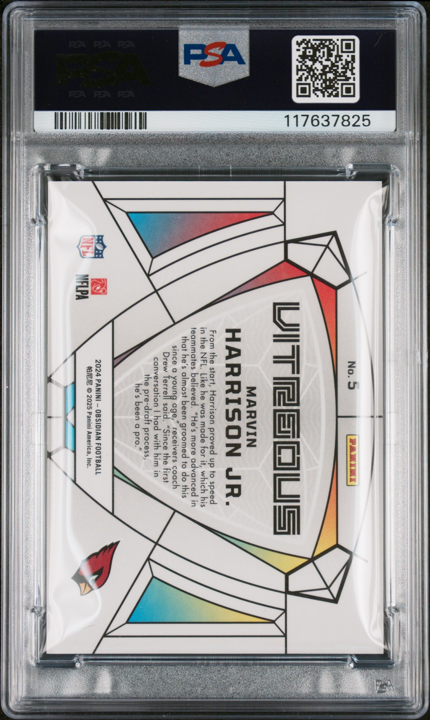 2024 PANINI OBSIDIAN VITREOUS MARVIN HARRISON JR. #5 PSA 10 - Image 2