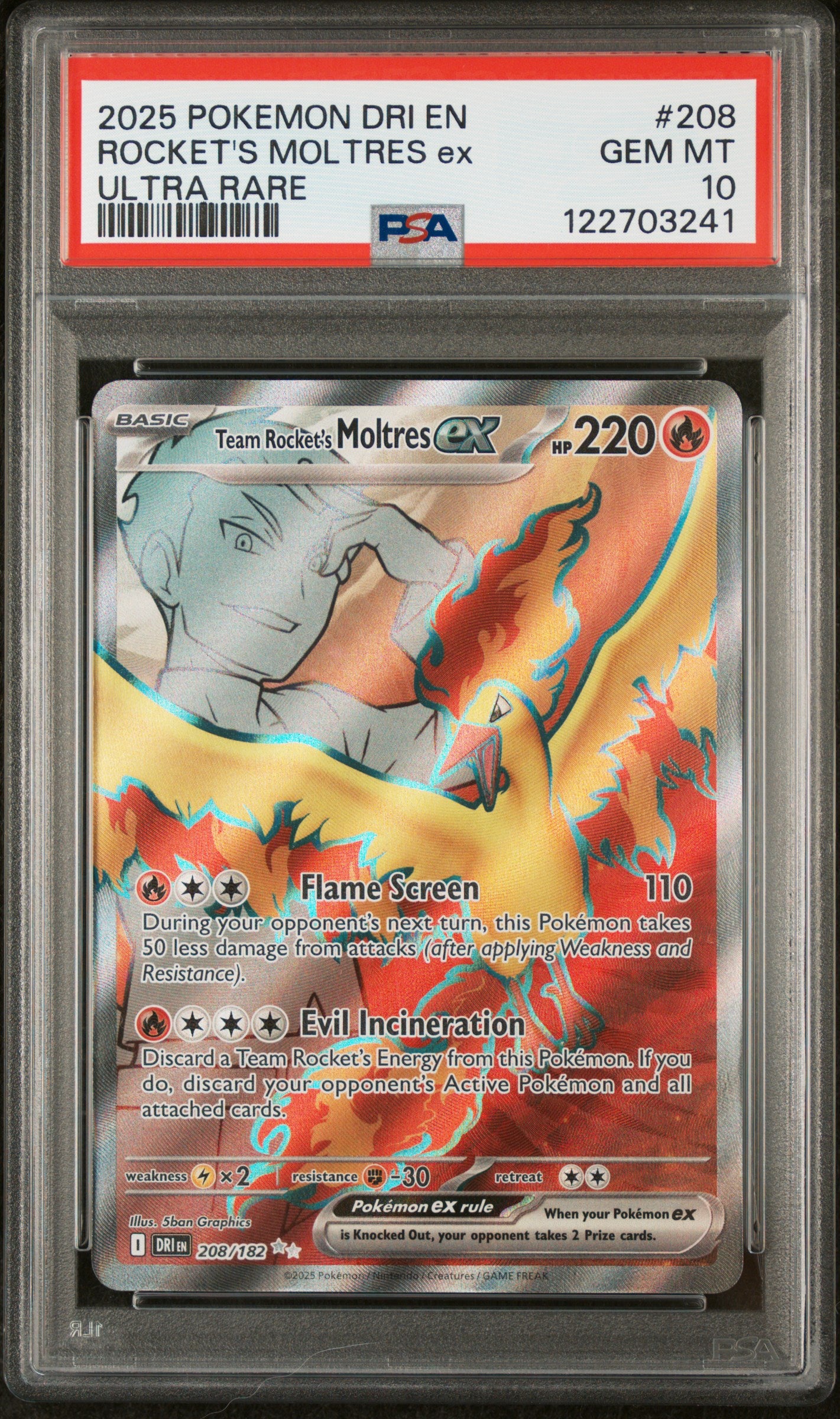 2025 POKEMON DRI EN-DESTINED RIVALS ROCKET'S MOLTRES ex #208 PSA 10 - Image 1