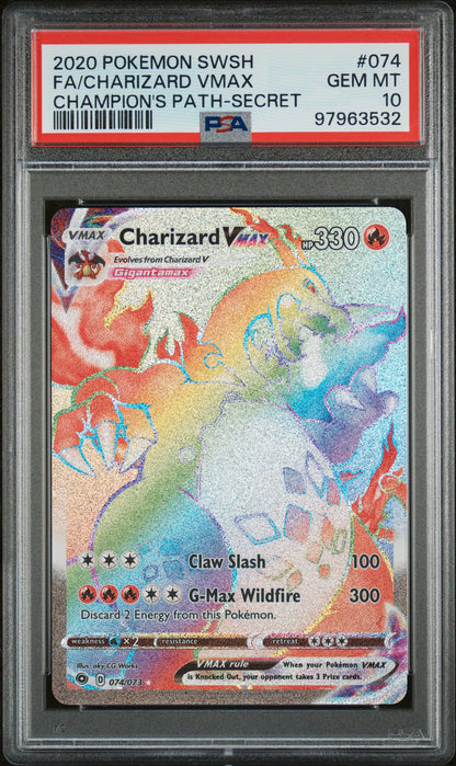 2020 POKEMON SWORD & SHIELD CHAMPION'S PATH FA/CHARIZARD VMAX #074 CHAMPION'S PATH-SECRET PSA 10 - Image 1