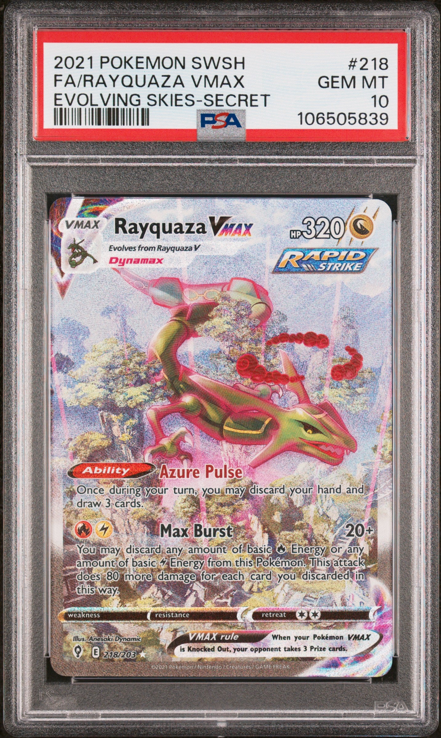 2021 POKEMON SWORD & SHIELD EVOLVING SKIES FA/RAYQUAZA VMAX #218 PSA 10 - Image 1
