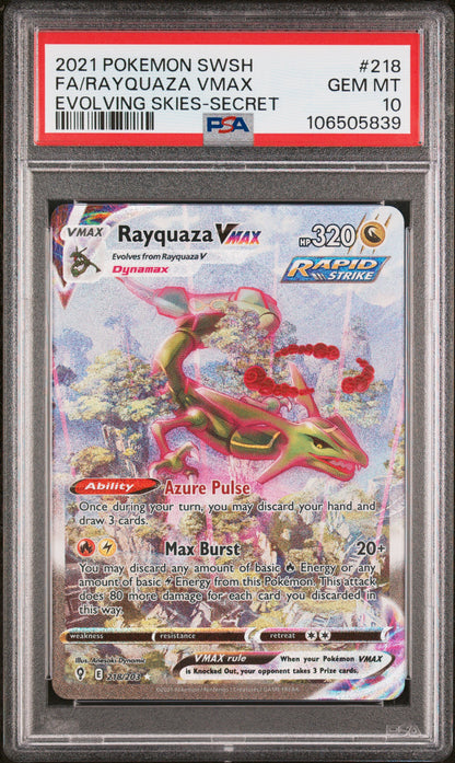 2021 POKEMON SWORD & SHIELD EVOLVING SKIES FA/RAYQUAZA VMAX #218 PSA 10 - Image 1