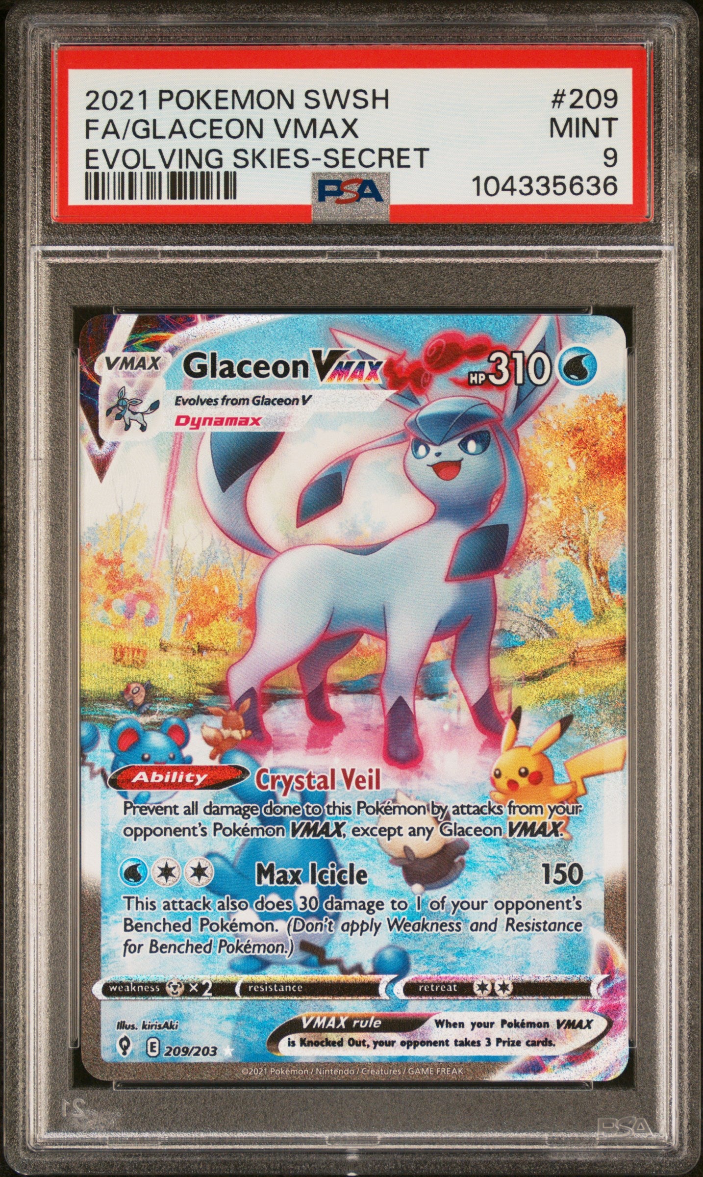 2021 POKEMON SWORD & SHIELD EVOLVING SKIES FA/GLACEON VMAX #209 PSA 9 - Image 1