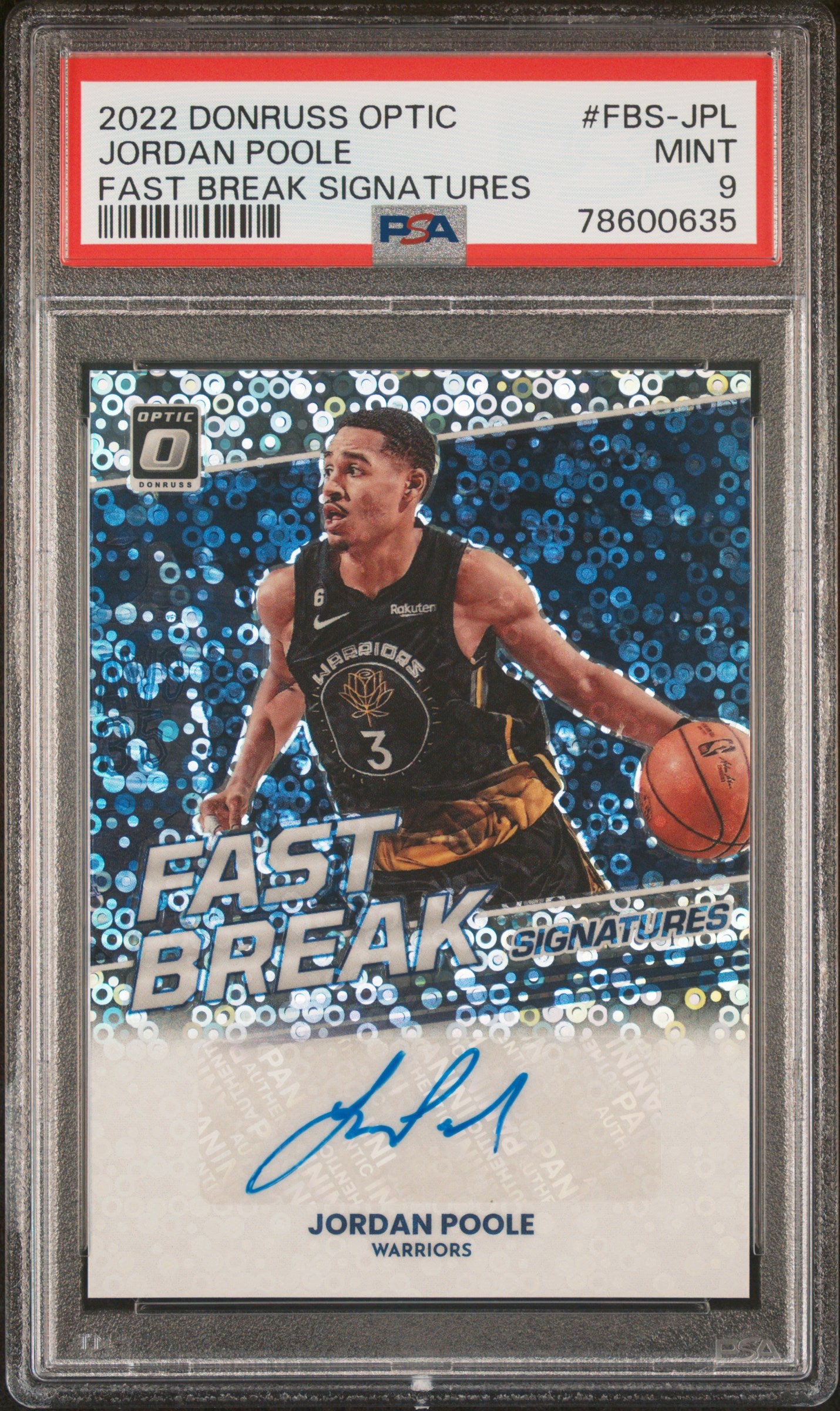 2022 PANINI DONRUSS OPTIC FAST BREAK SIGNATURES JORDAN POOLE #FBSJPL PSA 9 - Image 1