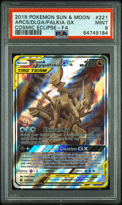 2019 POKEMON SUN & MOON COSMIC ECLIPSE ARCS/DLGA/PALKIA GX #221 PSA 9 - Image 1