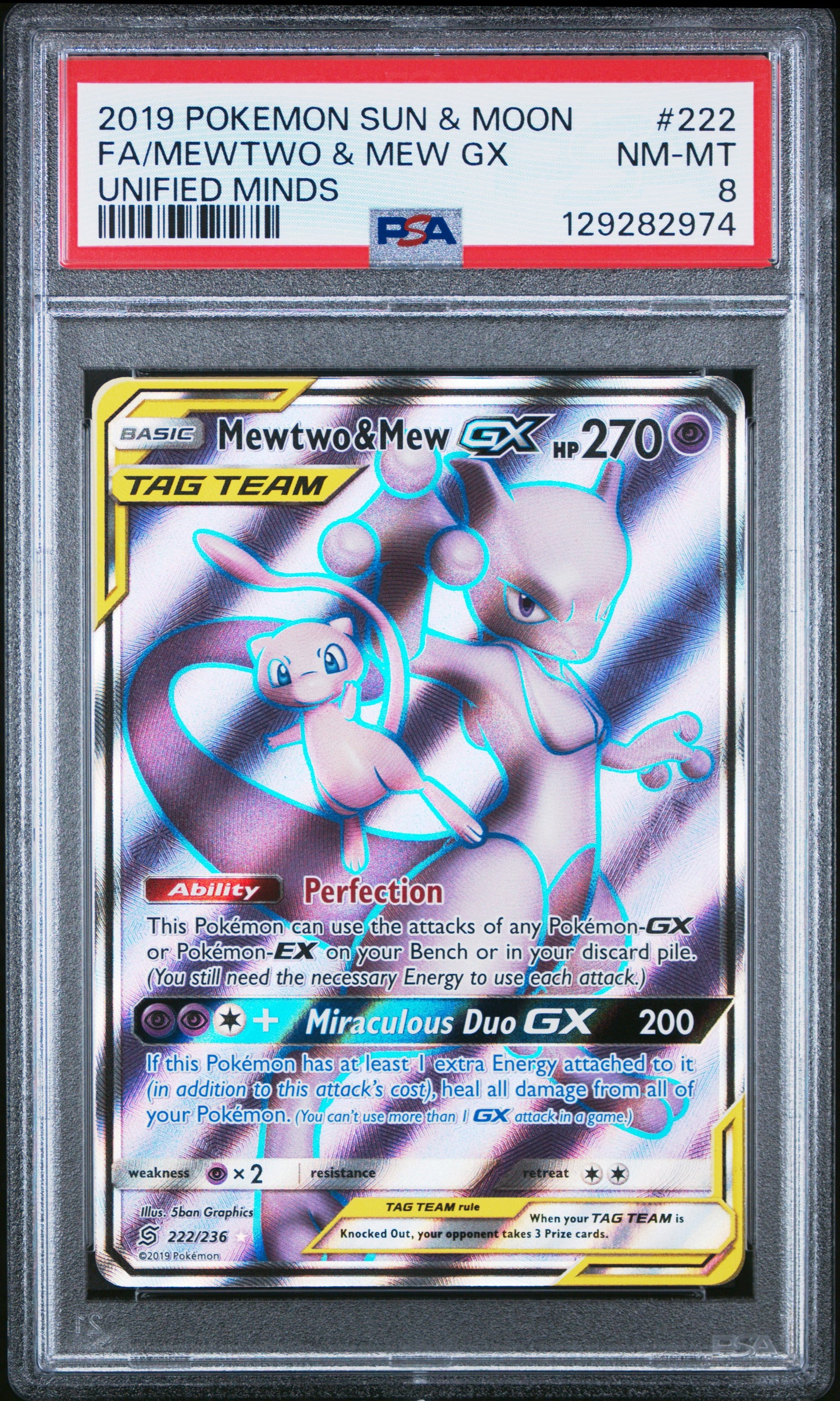2019 POKEMON SUN & MOON UNIFIED MINDS FA/MEWTWO & MEW GX #222 PSA 8 - Image 1