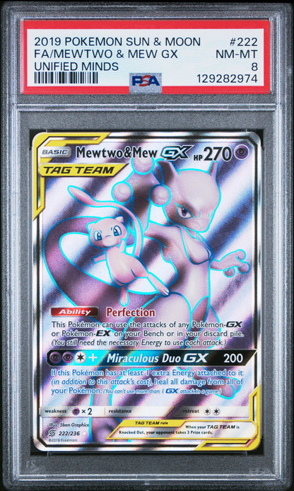 2019 POKEMON SUN & MOON UNIFIED MINDS FA/MEWTWO & MEW GX #222 PSA 8 - Image 1