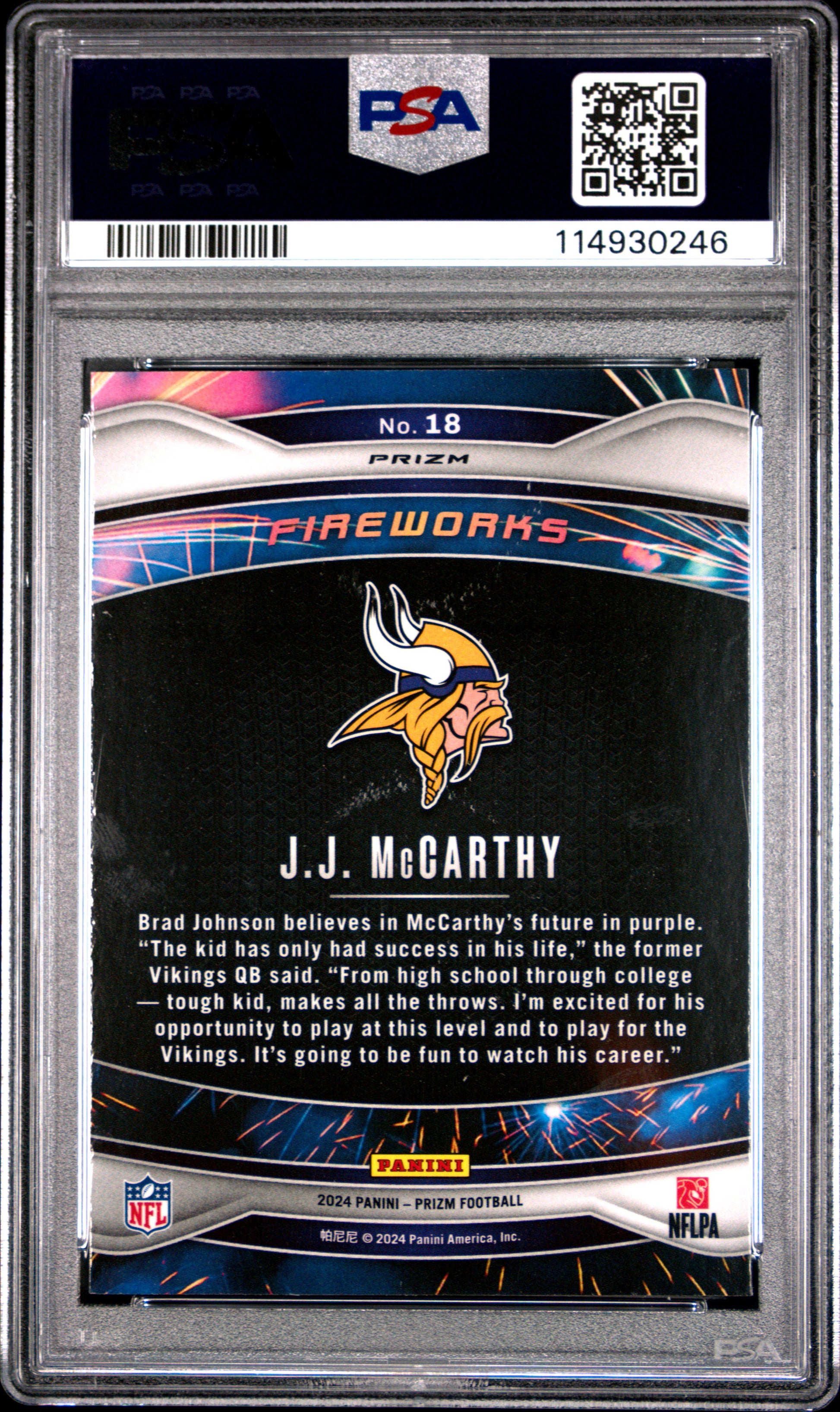 2024 PANINI PRIZM FIREWORKS JJ McCARTHY #18 PSA 10 - Image 1