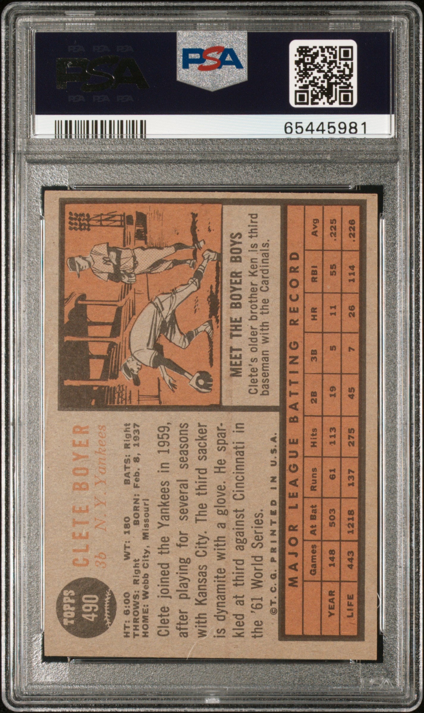 1962 TOPPS CLETE BOYER #490 PSA 6 - Image 1