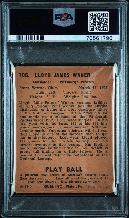 1940 PLAY BALL LLOYD WANER #105 PSA 3 - Image 2
