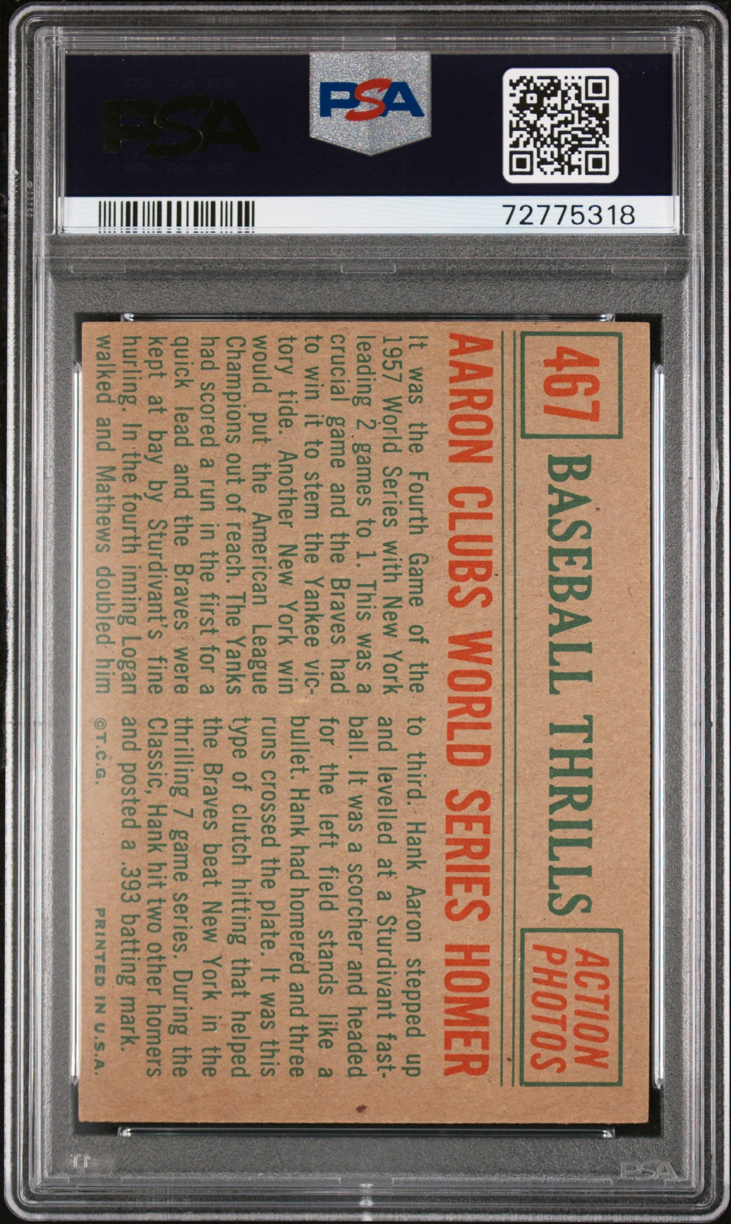 1959 TOPPS AARON CLUBS WORLD #467 PSA 5 - Image 1