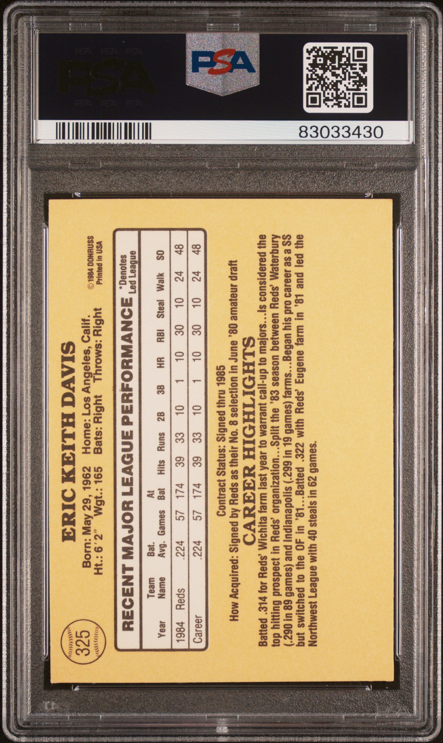 1985 DONRUSS ERIC DAVIS #325 PSA 8 - Image 2