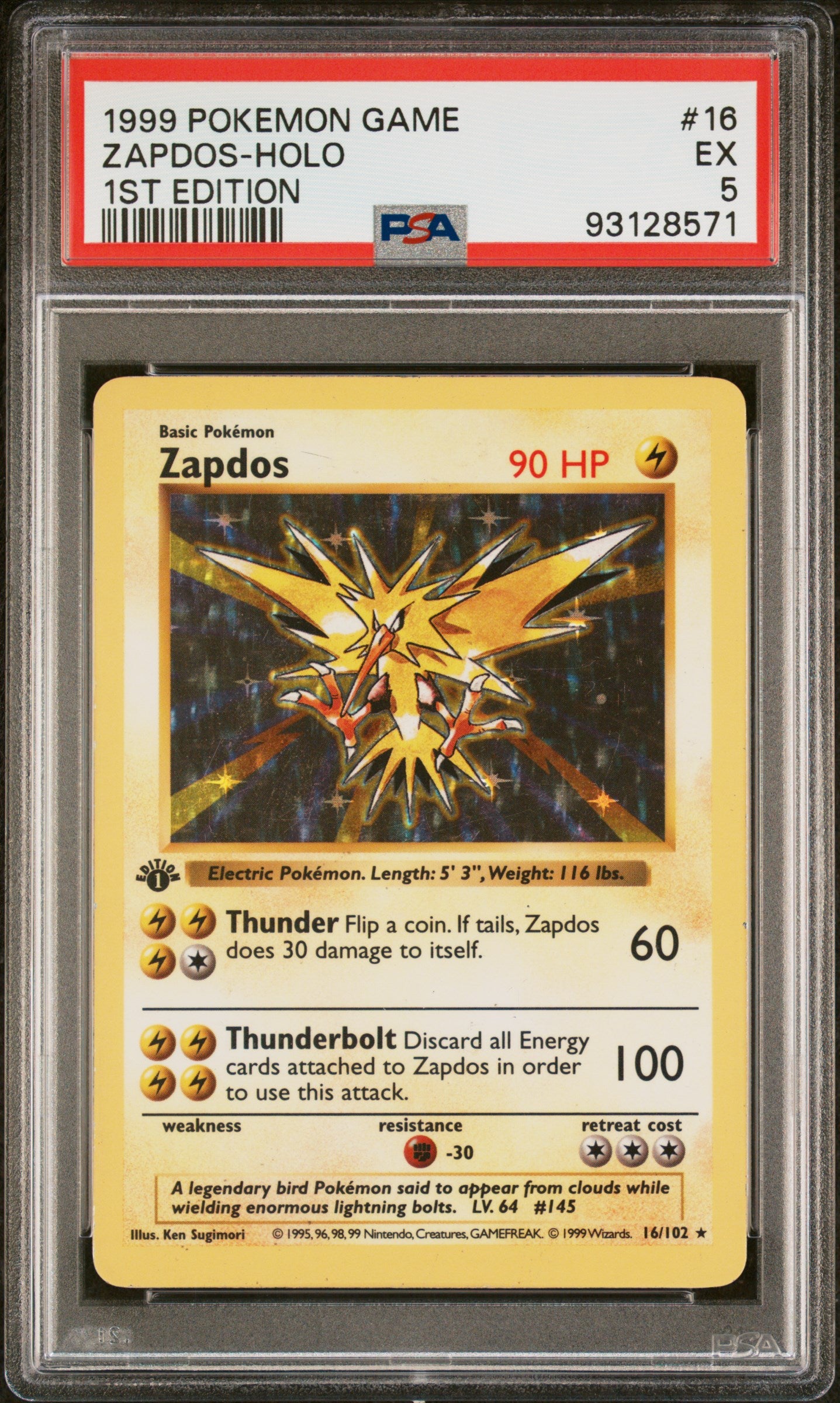 1999 POKEMON GAME ZAPDOS-HOLO #16 PSA 5 - Image 1