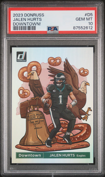 2023 PANINI DONRUSS DOWNTOWN! JALEN HURTS #D5 PSA 10 - Image 1
