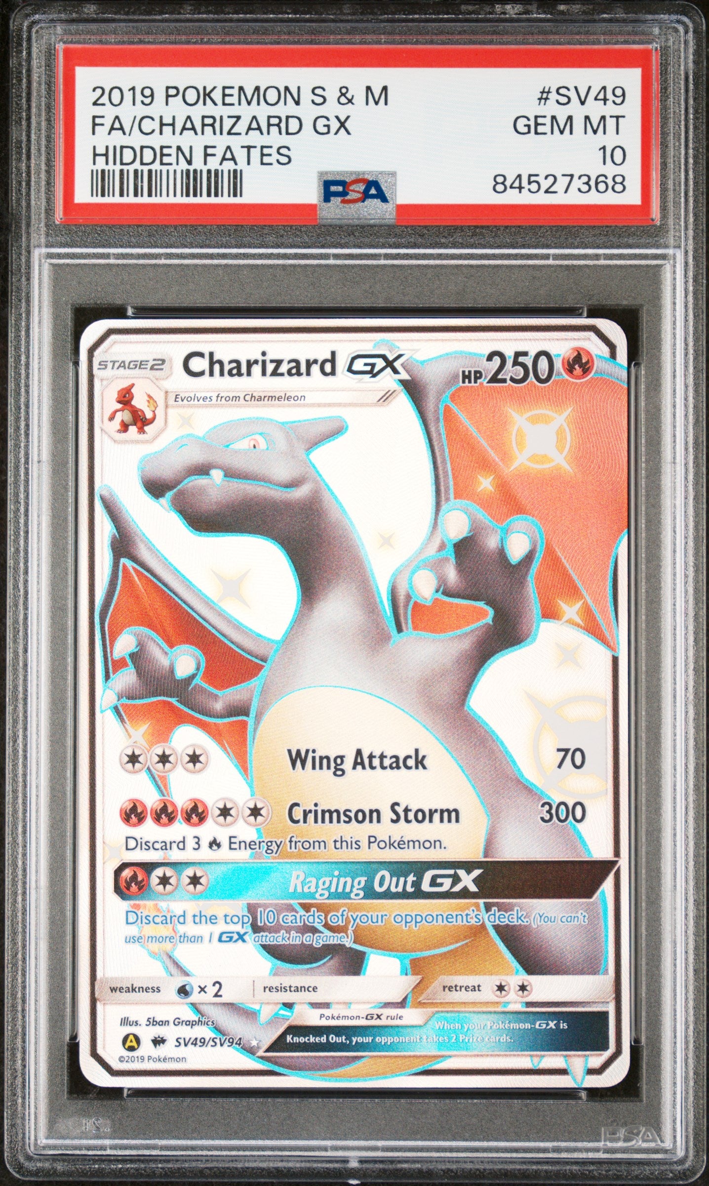 2019 POKEMON SUN & MOON HIDDEN FATES FA/CHARIZARD GX #SV49 PSA 10 - Image 1