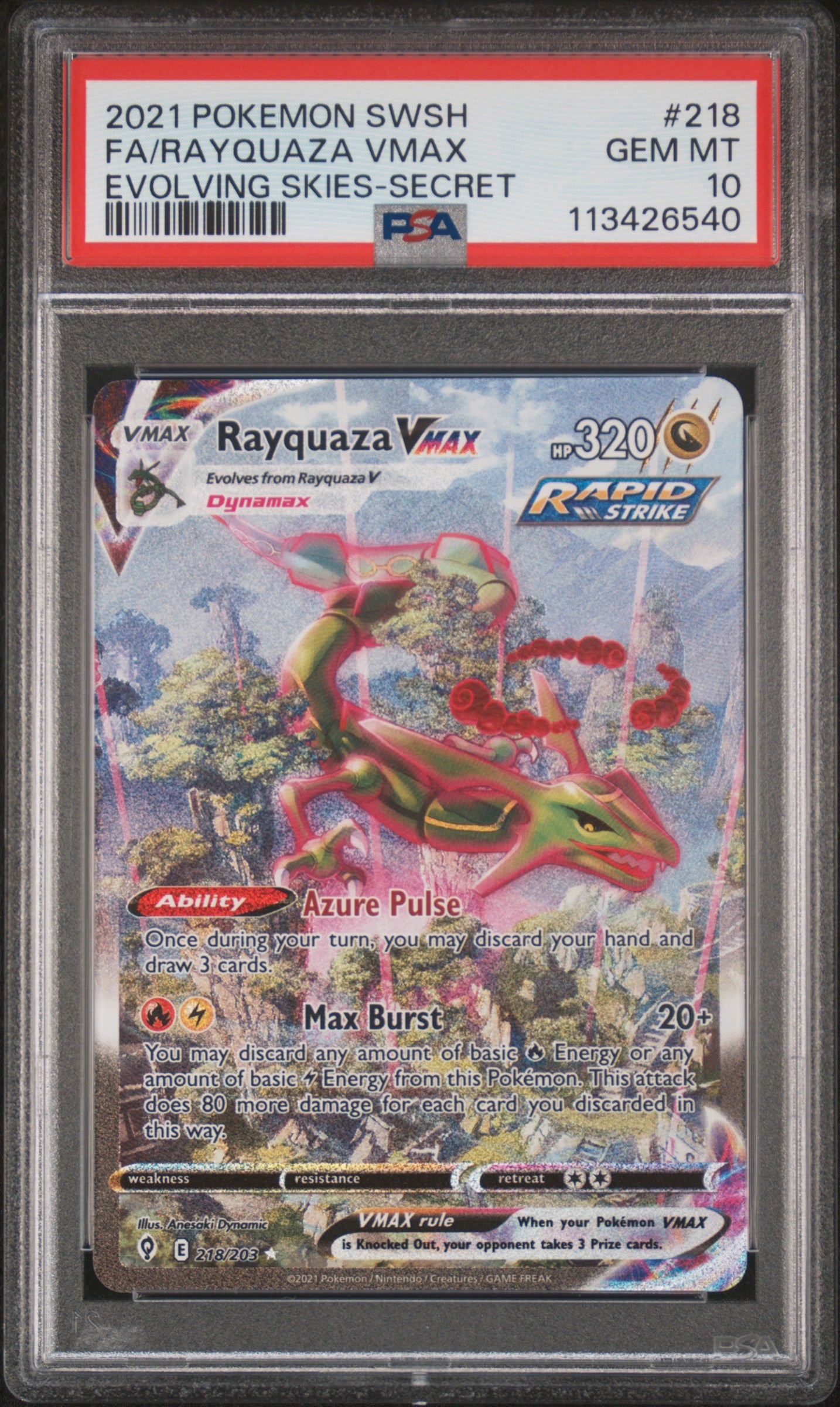 2021 POKEMON SWORD & SHIELD EVOLVING SKIES FA/RAYQUAZA VMAX #218 PSA 10 - Image 1