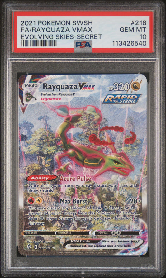 2021 POKEMON SWORD & SHIELD EVOLVING SKIES FA/RAYQUAZA VMAX #218 PSA 10 - Image 1