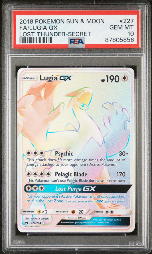 2018 POKEMON SUN & MOON LOST THUNDER FA/LUGIA GX #227 PSA 10 - Image 1