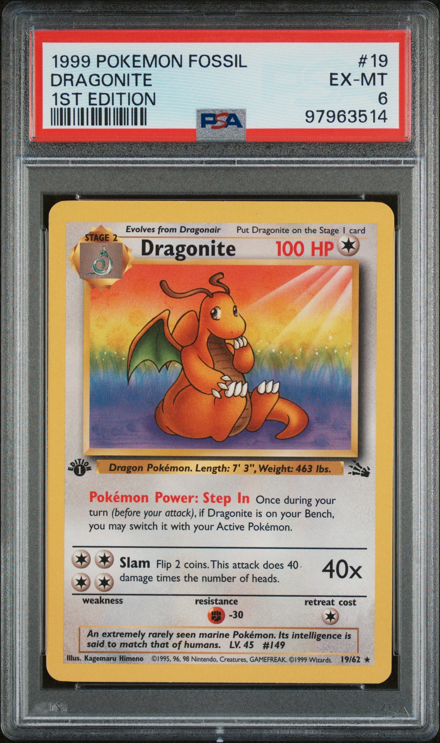 1999 POKEMON FOSSIL DRAGONITE #19 PSA 6 - Image 1
