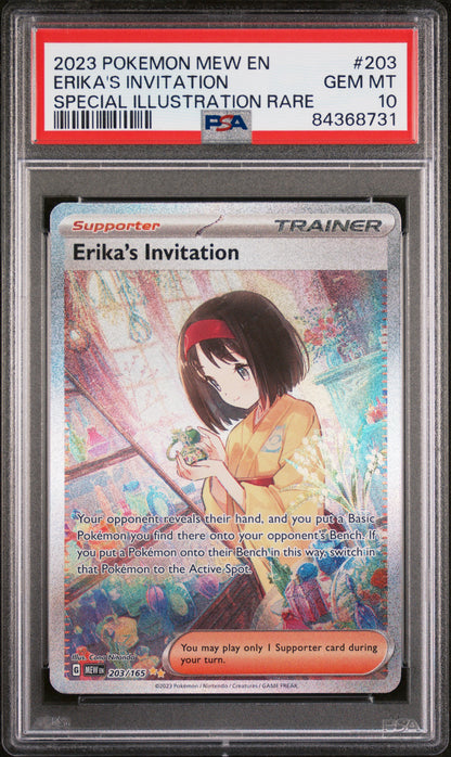 2023 POKEMON MEW EN-151 ERIKA'S INVITATION #203 PSA 10 - Image 1
