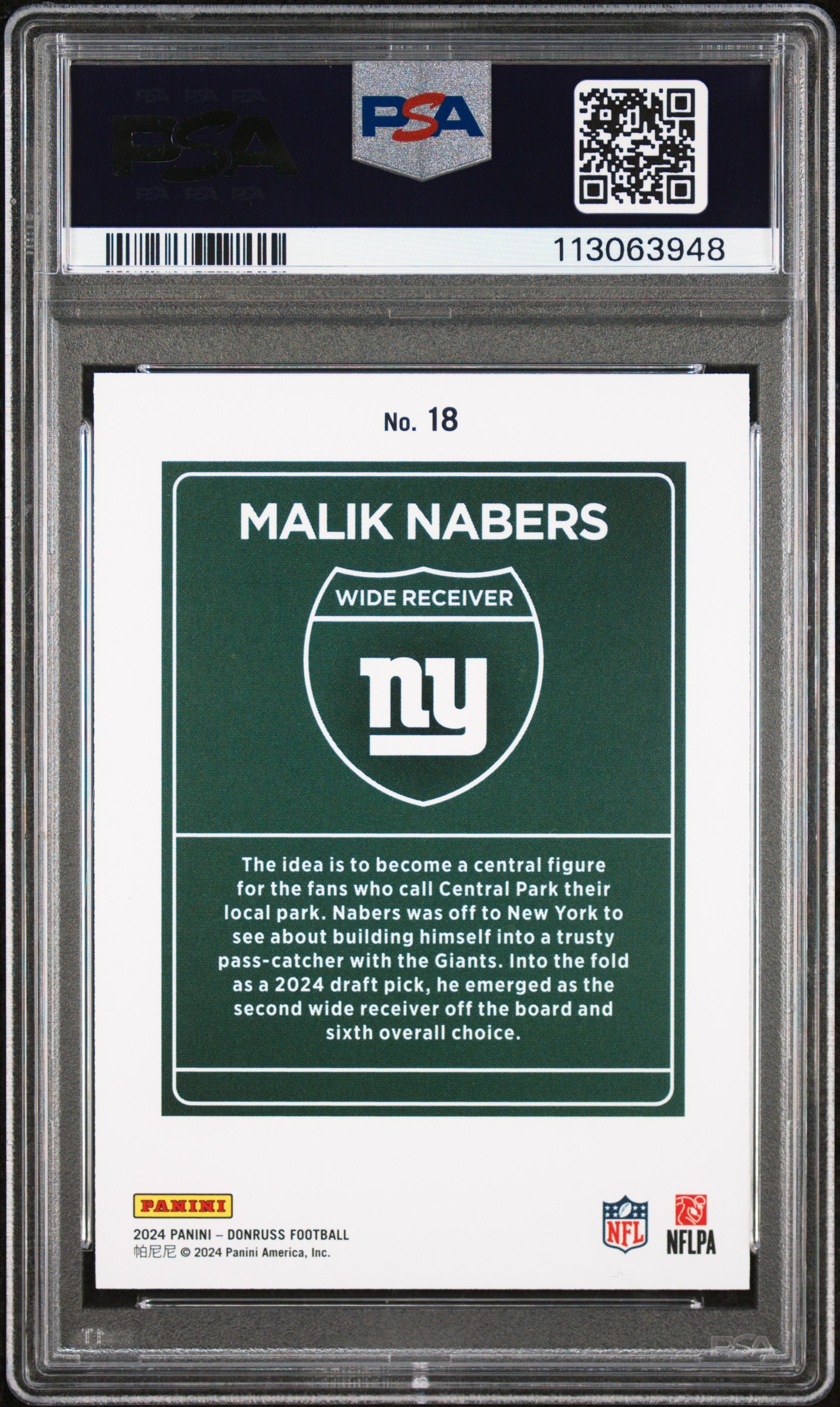2024 PANINI DONRUSS DOWNTOWN! MALIK NABERS #18 PSA 9 - Image 2