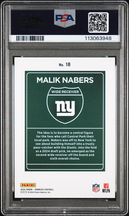 2024 PANINI DONRUSS DOWNTOWN! MALIK NABERS #18 PSA 9 - Image 2