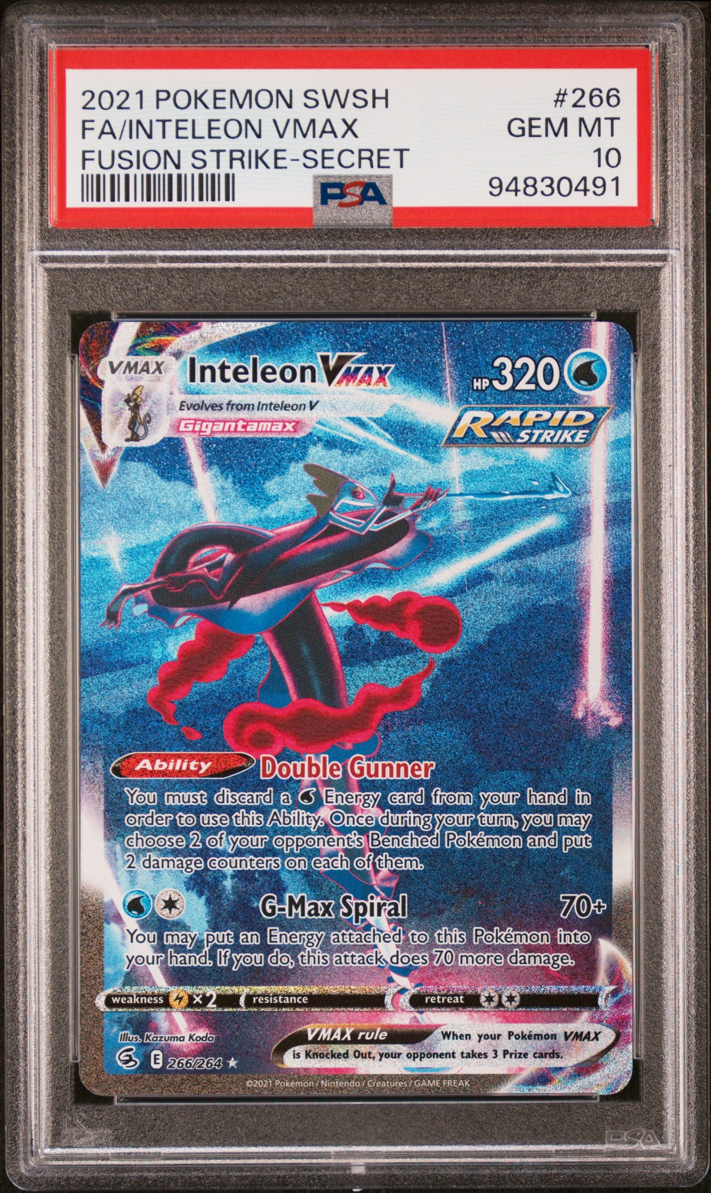 2021 POKEMON SWORD & SHIELD FUSION STRIKE FA/INTELEON VMAX #266 PSA 10 - Image 1