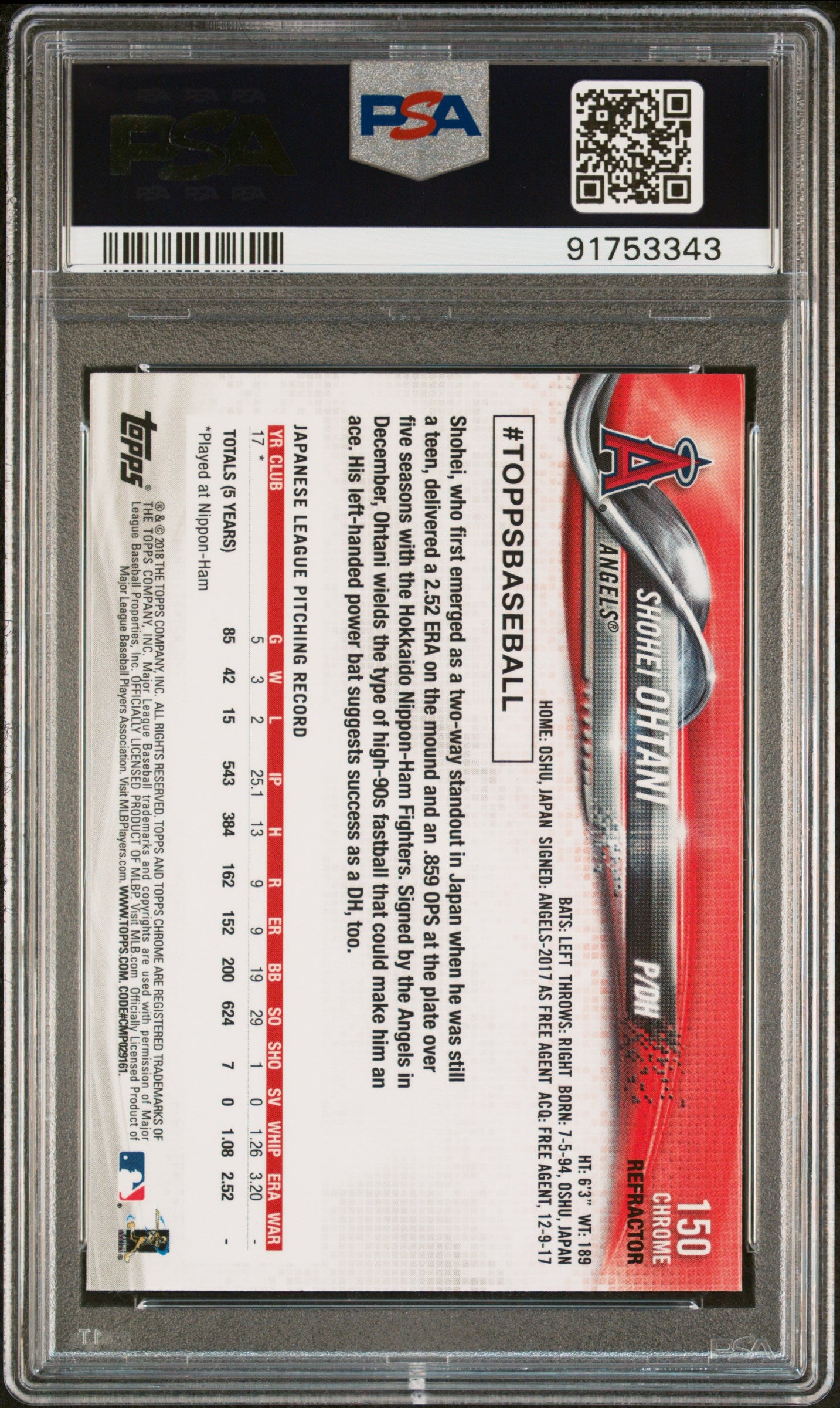 2018 TOPPS CHROME SHOHEI OHTANI #150 PSA 9 - Image 2