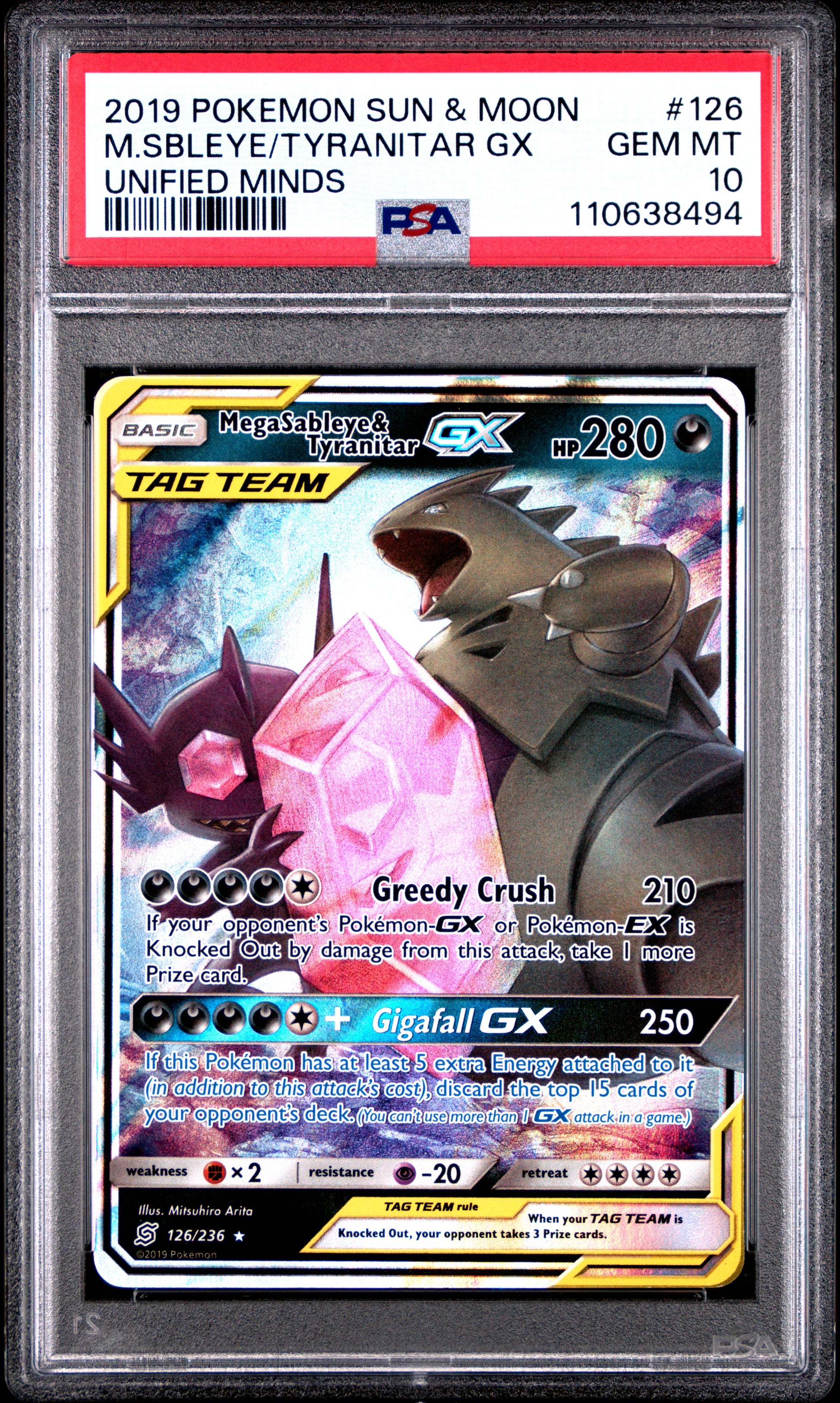 2019 POKEMON SUN & MOON UNIFIED MINDS M.SBLEYE/TYRANITAR GX #126 PSA 10 - Image 2