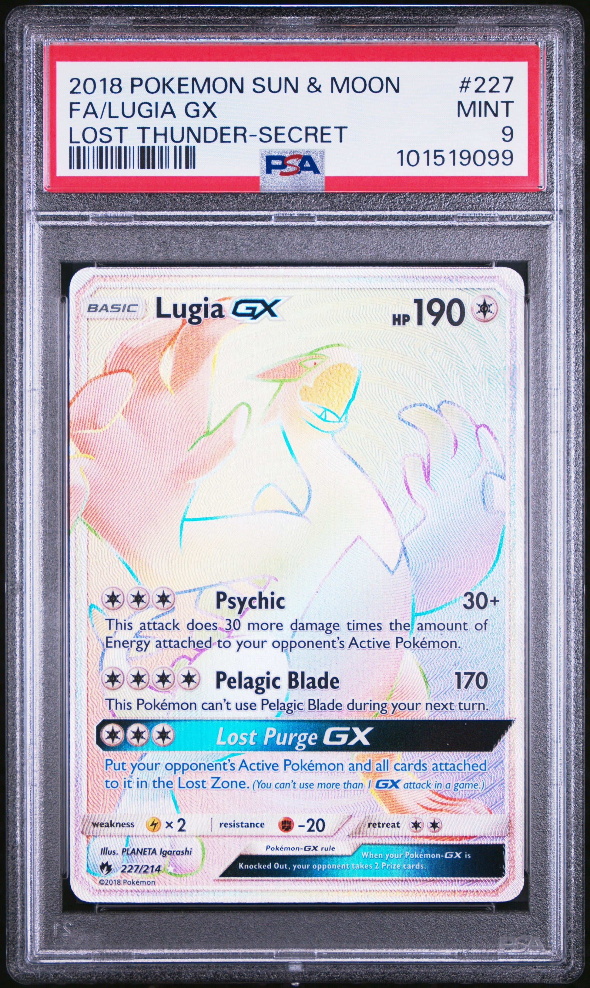 2018 POKEMON SUN & MOON LOST THUNDER FA/LUGIA GX #227 PSA 9 - Image 2