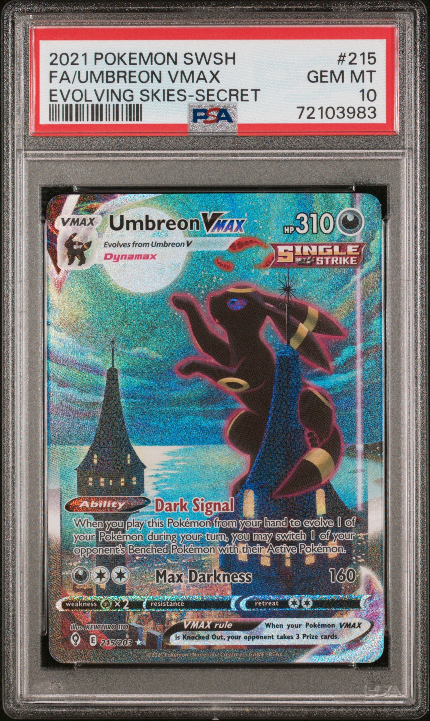 2021 POKEMON SWORD & SHIELD EVOLVING SKIES FA/UMBREON VMAX #215 PSA 10 - Image 1