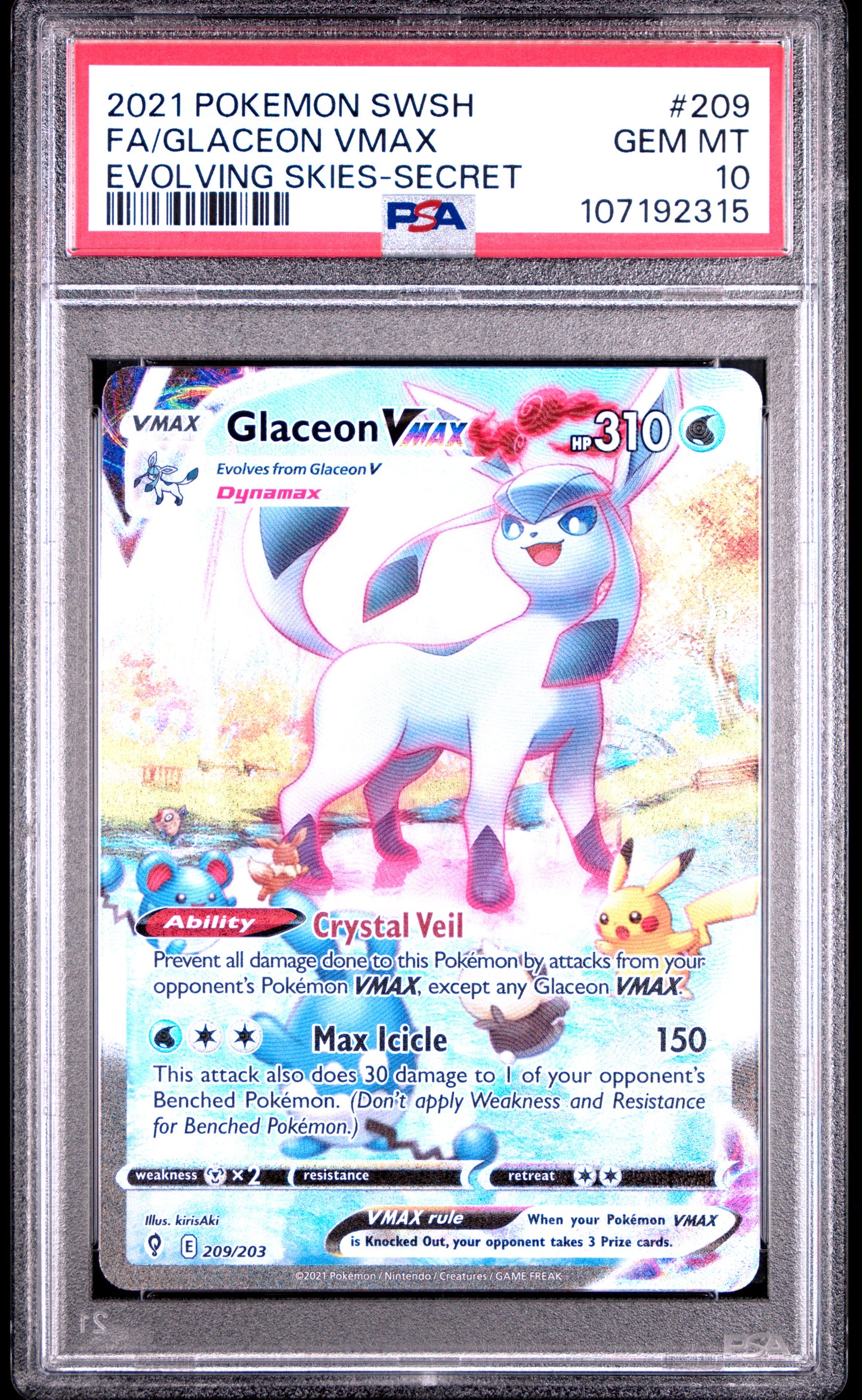 2021 POKEMON SWORD & SHIELD EVOLVING SKIES FA/GLACEON VMAX #209 PSA 10 - Image 2