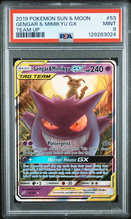2019 POKEMON SUN & MOON TEAM UP GENGAR & MIMIKYU GX #53 PSA 9 - Image 1