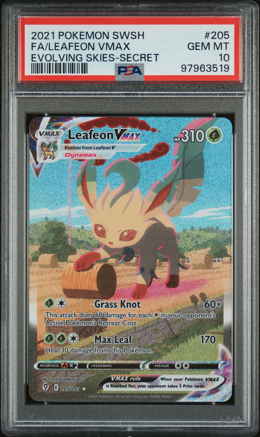 2021 POKEMON SWORD & SHIELD EVOLVING SKIES FA/LEAFEON VMAX #205 PSA 10 - Image 1